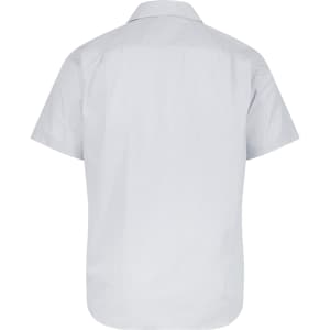 A short-sleeve button-up shirt in light grey, featuring a classic collar and a branded logo.