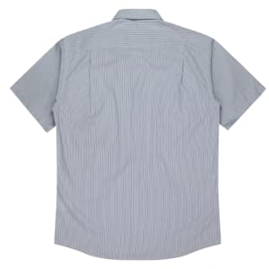 A short-sleeved button-up shirt in a light blue and white striped pattern, featuring a logo on the back.