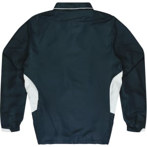 Navy blue kids' tracktop with white side panels and a collar, featuring a logo on the back.