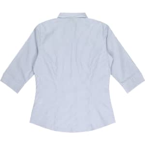 A light blue and white striped button-up shirt with 3/4 sleeves and a collar. The shirt features a logo.