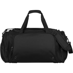 A black duffle bag featuring multiple compartments and a detachable shoulder strap, with a logo on the side.