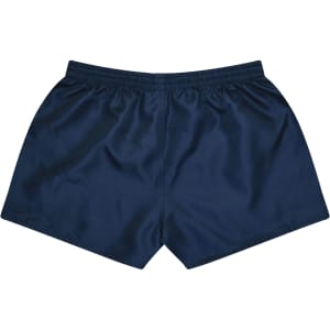 Navy blue sports shorts with an elastic waistband and a smooth finish. Features a logo on the design.