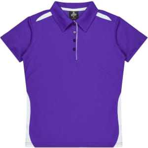 A purple polo shirt featuring a collar, buttons, and contrasting white side panels. It has a logo on the label.