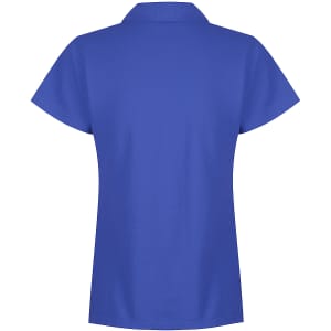 A blue polo shirt with a collar and short sleeves, featuring a logo on the back.