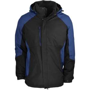 A black and blue men's jacket featuring a hood, zippered pockets, and a branded logo.