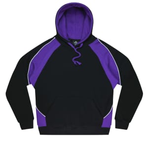 A black hoodie with purple accents and a purple hood, featuring a logo on the front.