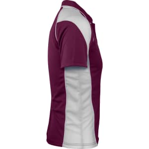A maroon polo shirt with grey panels on the sides, featuring a logo on the chest.