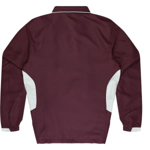 Burgundy kids tracktop featuring white accents, with long sleeves and a collar, has a branding logo.