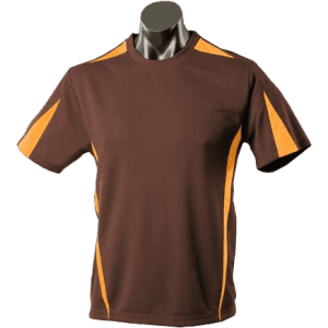 A brown T-shirt with orange accents, designed for men, displayed on a mannequin. It features a logo on the chest.