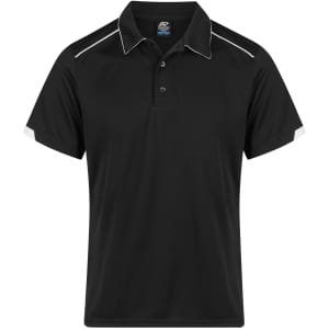 A black polo shirt featuring white accents, with a collar and short sleeves. Includes a branding logo.