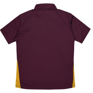 A maroon polo shirt with yellow side panels and a collar, featuring a logo on the back.
