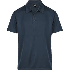 A dark navy polo shirt featuring a collar and buttons, with a logo on the upper section.