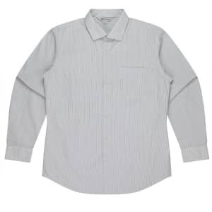 A long sleeve button-up shirt in a light grey and white striped pattern with a chest pocket and a logo.