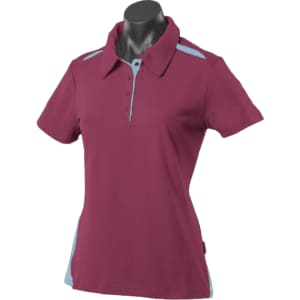 A maroon polo shirt with light blue accents, featuring a collar and short sleeves. It has a logo on it.