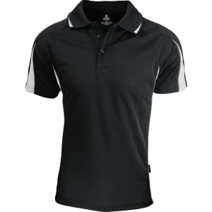 A black polo shirt with white detailing on the shoulders, featuring a collar and short sleeves. It has a logo on the collar.