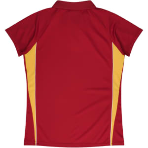 A red polo shirt featuring yellow accents on the sides and a collar. It has a logo present.