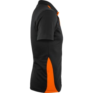 A black polo shirt featuring orange accents, showcasing a side view with a classic collar and short sleeves.