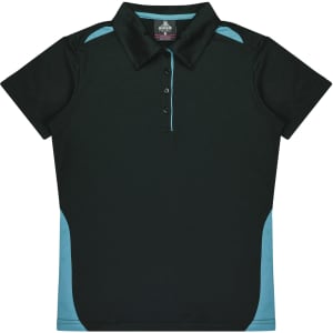 A dark green polo shirt with light blue accents and a collar, featuring a button-down placket and a logo.