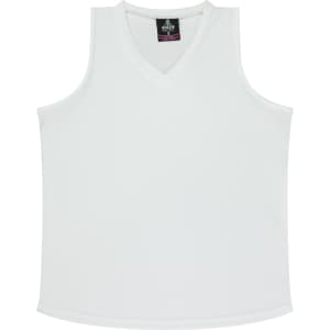 A white singlet featuring a V-neck design and a logo at the neckline.