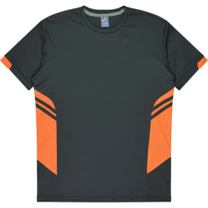 A dark green T-shirt featuring orange accent panels and black stripes, with a logo on the collar.