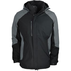 A black and grey jacket featuring a hood and zippered pockets, with branding on the chest.