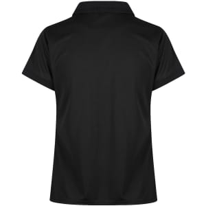 A black polo shirt with a collar and short sleeves. The back features a smooth design and a logo.