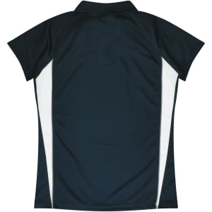 A dark navy polo shirt with white panels on the sides and a short collar. The shirt has a logo on it.