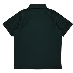 A dark green polo shirt with a classic collar and short sleeves, featuring a logo on the chest.