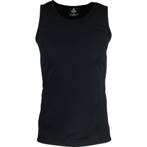 A black men's singlet with a round neckline, featuring a tag at the back and smooth fabric.
