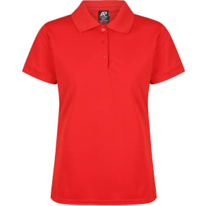 A red polo shirt with a collar and buttons, featuring a logo. Suitable for casual or semi-formal wear.