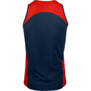 A men's singlet featuring a combination of navy and red colours, with a fitted design and a logo on the back.