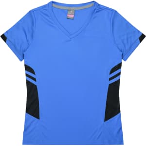 A blue women's t-shirt featuring black side panels and a v-neck design. The shirt includes a logo.