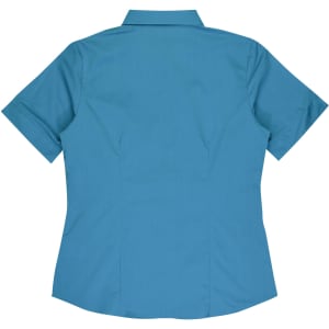 A short-sleeve button-up shirt in a teal colour, featuring a back view and a simple design with a logo.