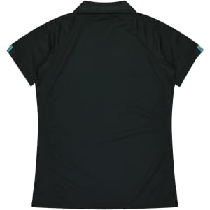 A dark green polo shirt featuring a collar and short sleeves, with a logo on the garment.