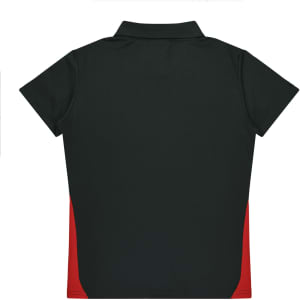 A dark green polo shirt with red side panels and a collar. The shirt features a branding logo.