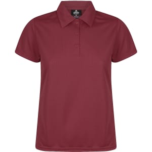 A burgundy polo shirt with a collared neckline and button placket, featuring a small logo on the chest.
