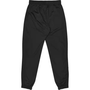 Black track pants with an elastic waistband and cuffs, featuring a logo on the design.