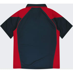 A polo shirt featuring a red and navy design, with a collar and short sleeves. It includes a logo on the front.