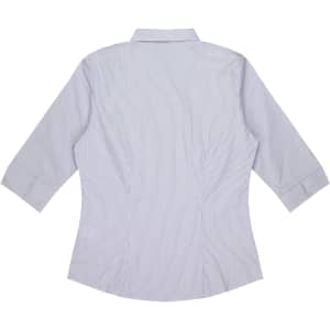 A light blue and white striped button-up shirt with 3/4 sleeves and a collar, featuring a logo.