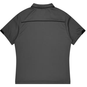 A grey sports polo shirt with black accents, featuring a collar and a logo on the back.