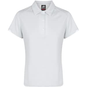 A light grey polo shirt with a classic collar and button placket, featuring a logo on the label.