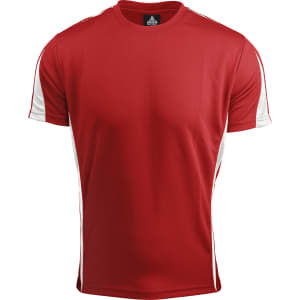 A red T-shirt with white side panels, featuring a logo on the neckline.