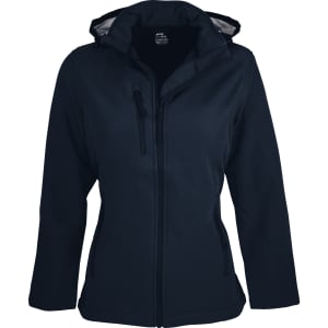 A navy blue soft shell jacket with a hood and zippered pockets, featuring a logo on the front.