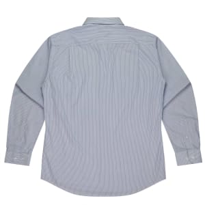 A long-sleeve button-up shirt in light blue with a striped pattern and a logo.