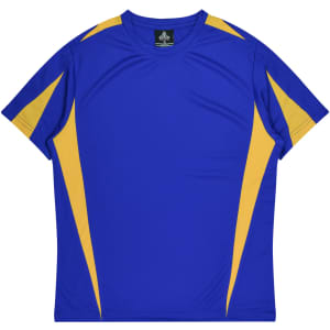 A blue and yellow men's t-shirt with a sporty design and branding on the label.
