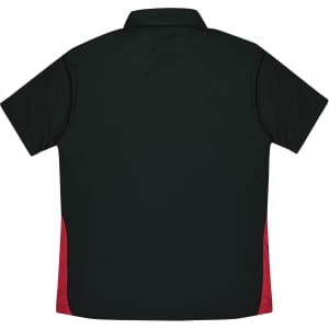 A dark green polo shirt with red side panels and a collar, featuring a logo on the back.