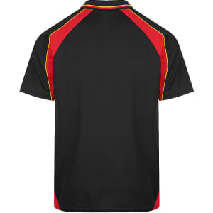 A black polo shirt with red and yellow accents and a logo on the back.