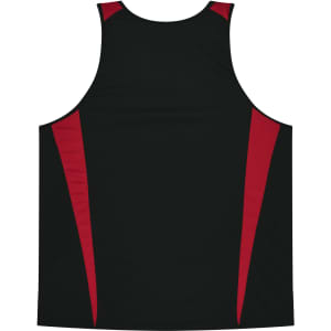 A black singlet with red side panels, featuring a logo on the front.