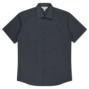 A short-sleeve button-up shirt in a dark grey colour with a chest pocket and an additional branding label.