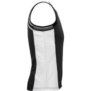 A black and white men's singlet featuring a sleeveless design and a logo.